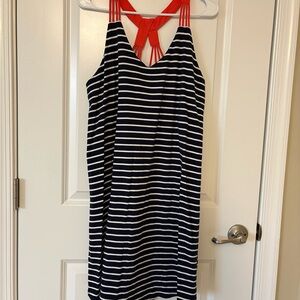Navy and White Striped Dress with Red/orange Straps THML large
